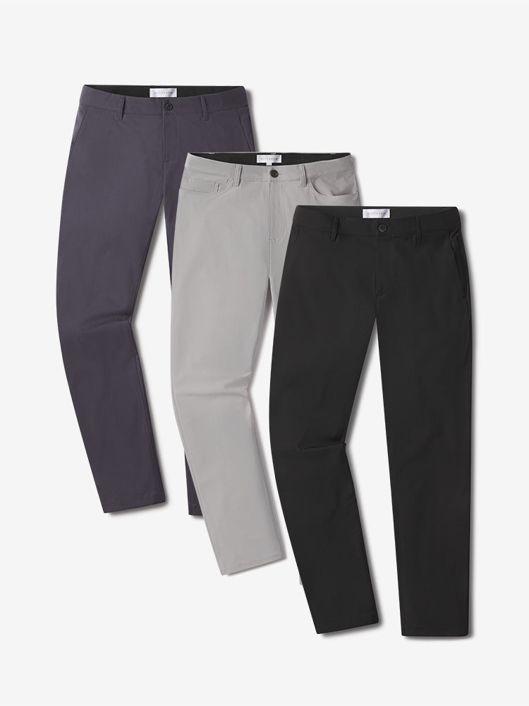 Men wearing Black/Granite/Silver 5 Pocket Travel Pants 3-Pack pants