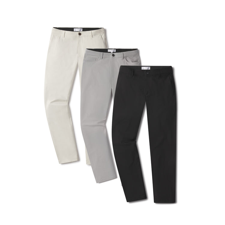 Men wearing Stone/Silver/Black 5 Pocket Travel Pants 3-Pack