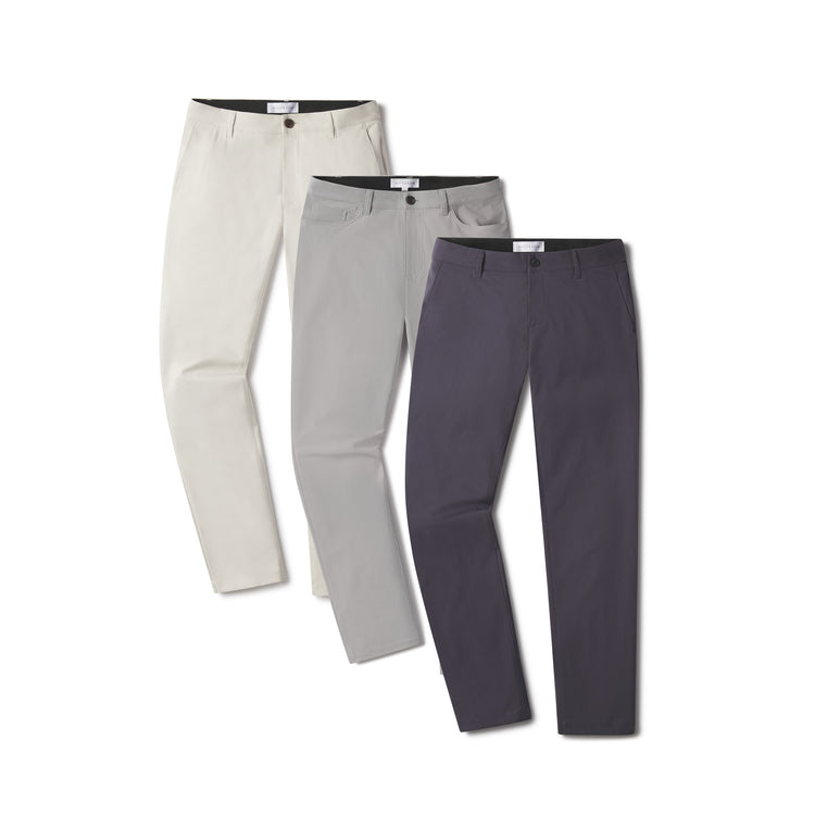 Men wearing Stone/Silver/Granite 5 Pocket Travel Pants 3-Pack
