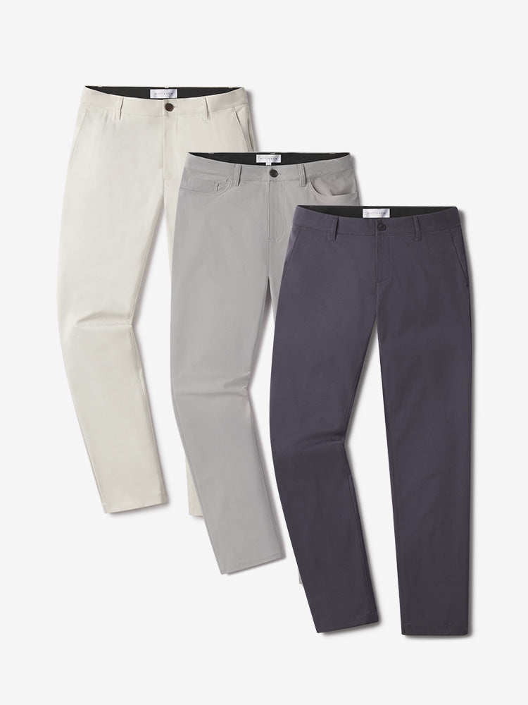Men wearing Stone/Silver/Granite 5 Pocket Travel Pants 3-Pack
