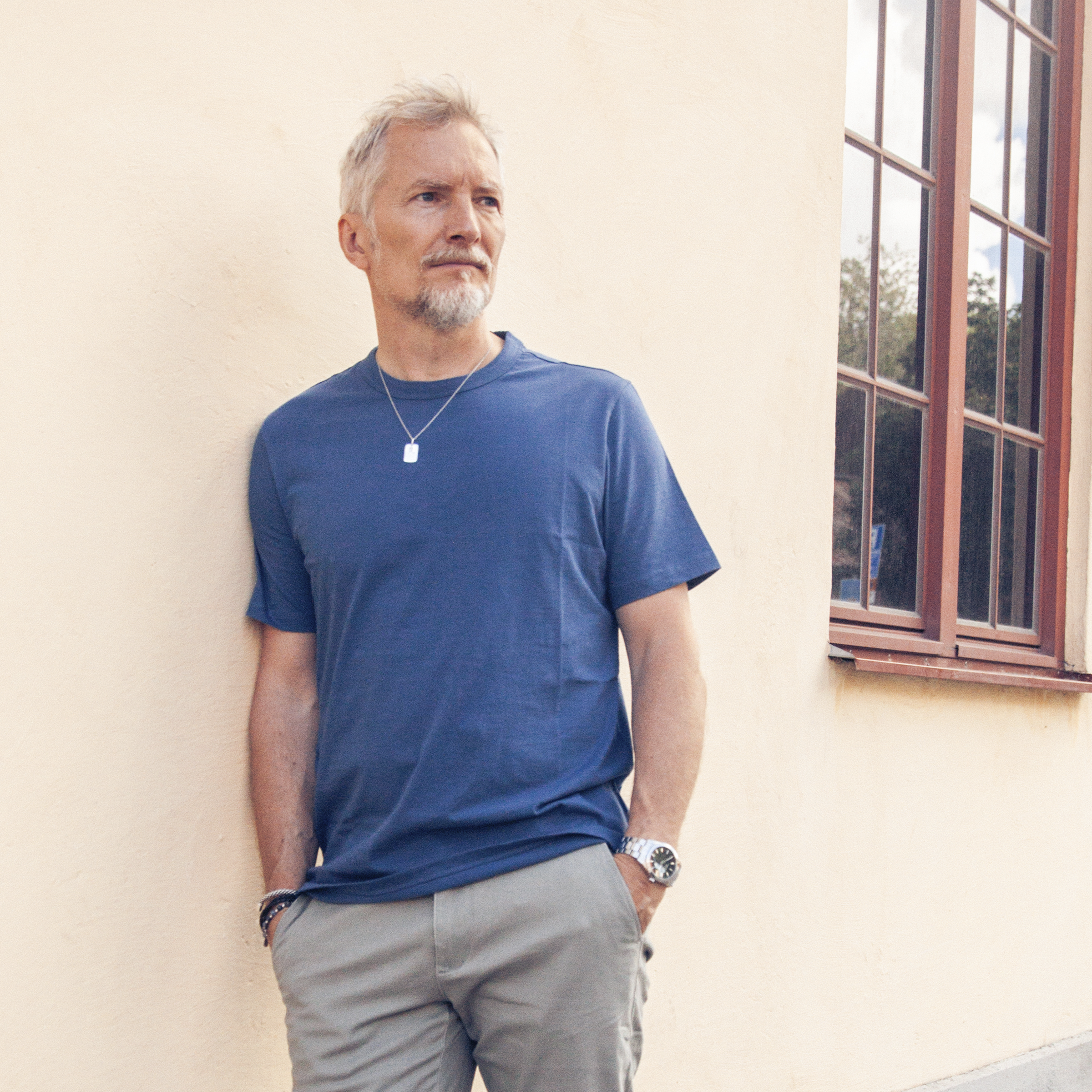 Men wearing Baltic Blue Classic Crew Driggs Tee