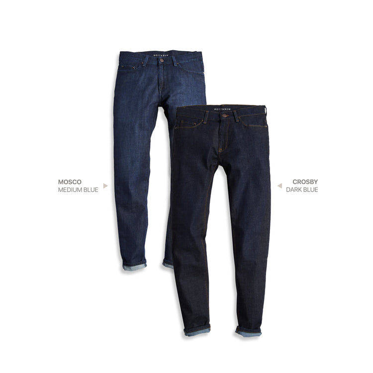  wearing Dark Blue/Medium Blue Straight Mosco Medium Blue and Crosby Dark Blue 2-Pack Jeans