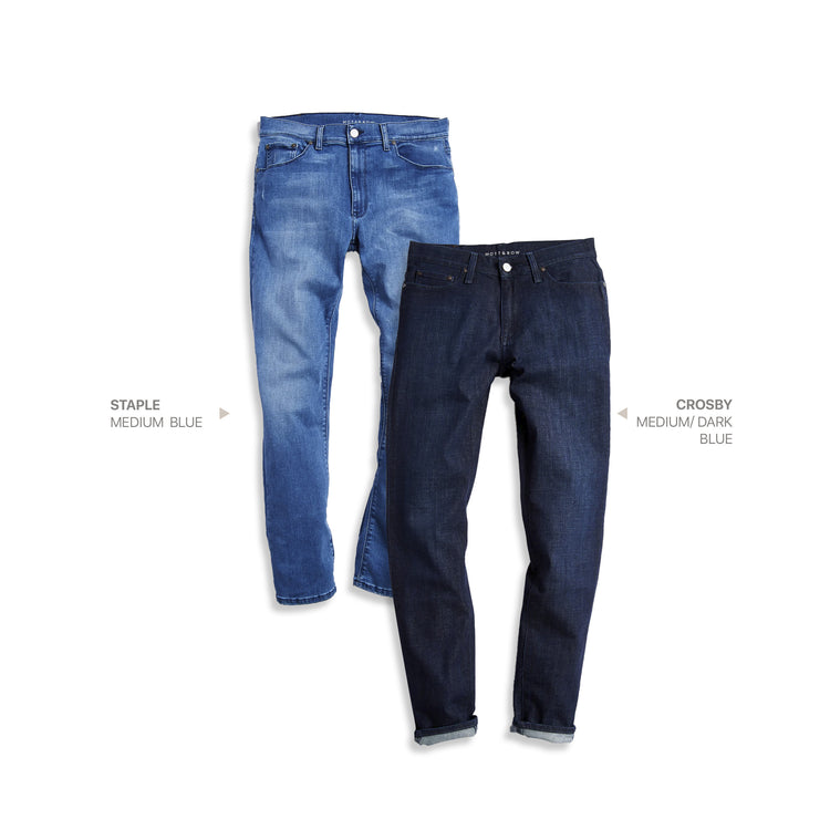  wearing Medium/Dark Blue / Medium Blue Straight Staple and Straight Crosby 2-Pack Jeans