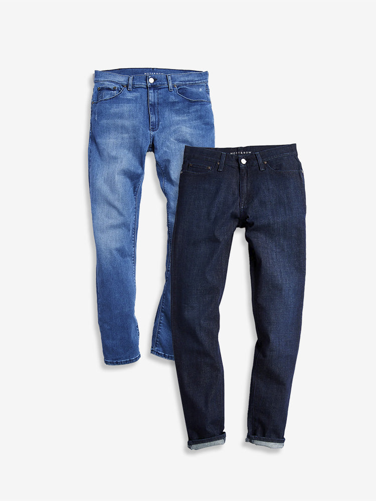  wearing Medium/Dark Blue / Medium Blue Skinny Staple Medium Blue and Crosby Medium/Dark Blue 2-Pack Jeans