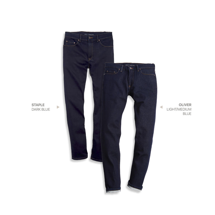  wearing Light/Medium Blue / Dark Blue Slim Staple Dark Blue and Oliver Light/Medium Blue 2-Pack Jeans