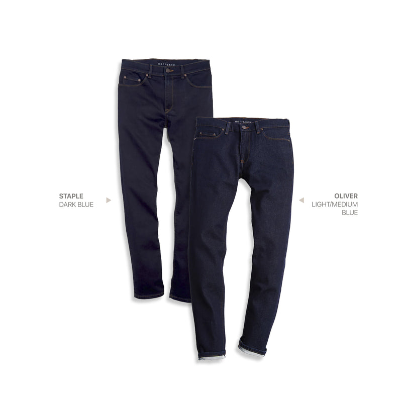  wearing Light/Medium Blue / Dark Blue Slim Staple Dark Blue and Oliver Light/Medium Blue 2-Pack Jeans jeans