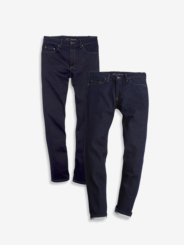  wearing Light/Medium Blue / Dark Blue Slim Staple Dark Blue and Oliver Light/Medium Blue 2-Pack Jeans