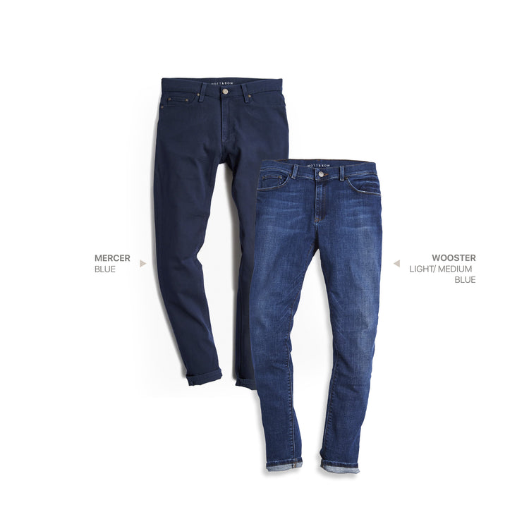  wearing Dark Blue / Medium/Dark Blue Slim Mercer Blue and Wooster Light/Medium Blue 2-Pack Jeans