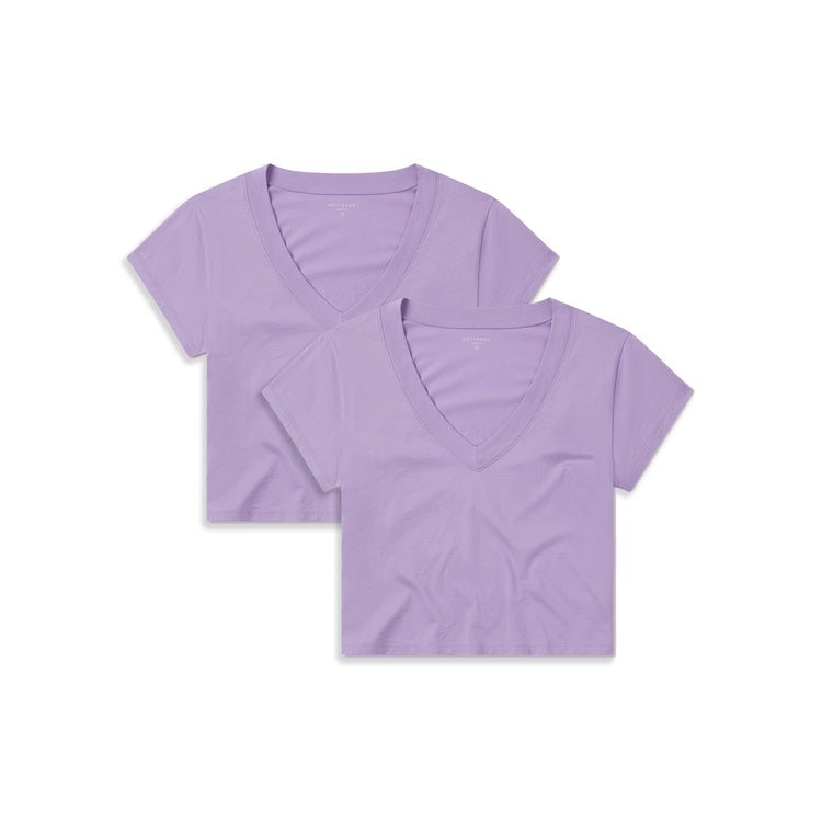 Women wearing 2 Lilac Everyday Cotton Deep V-Neck Tee 2-Pack