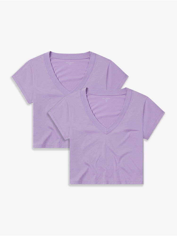 Women wearing 2 Lilac Everyday Cotton Deep V-Neck Tee 2-Pack