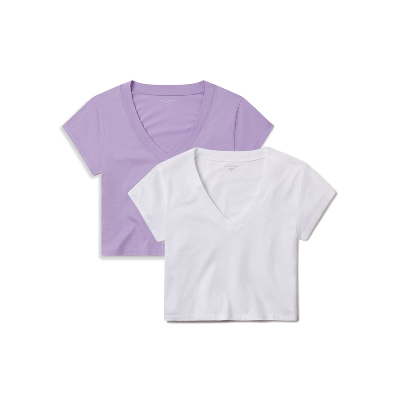 Women wearing White/Lilac Cotton Boxy Deep V-Neck Tee 2-Pack tees