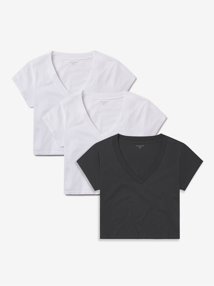 Women wearing Vintage Gray/White/White Cotton Boxy Deep V-Neck Tee 3-Pack