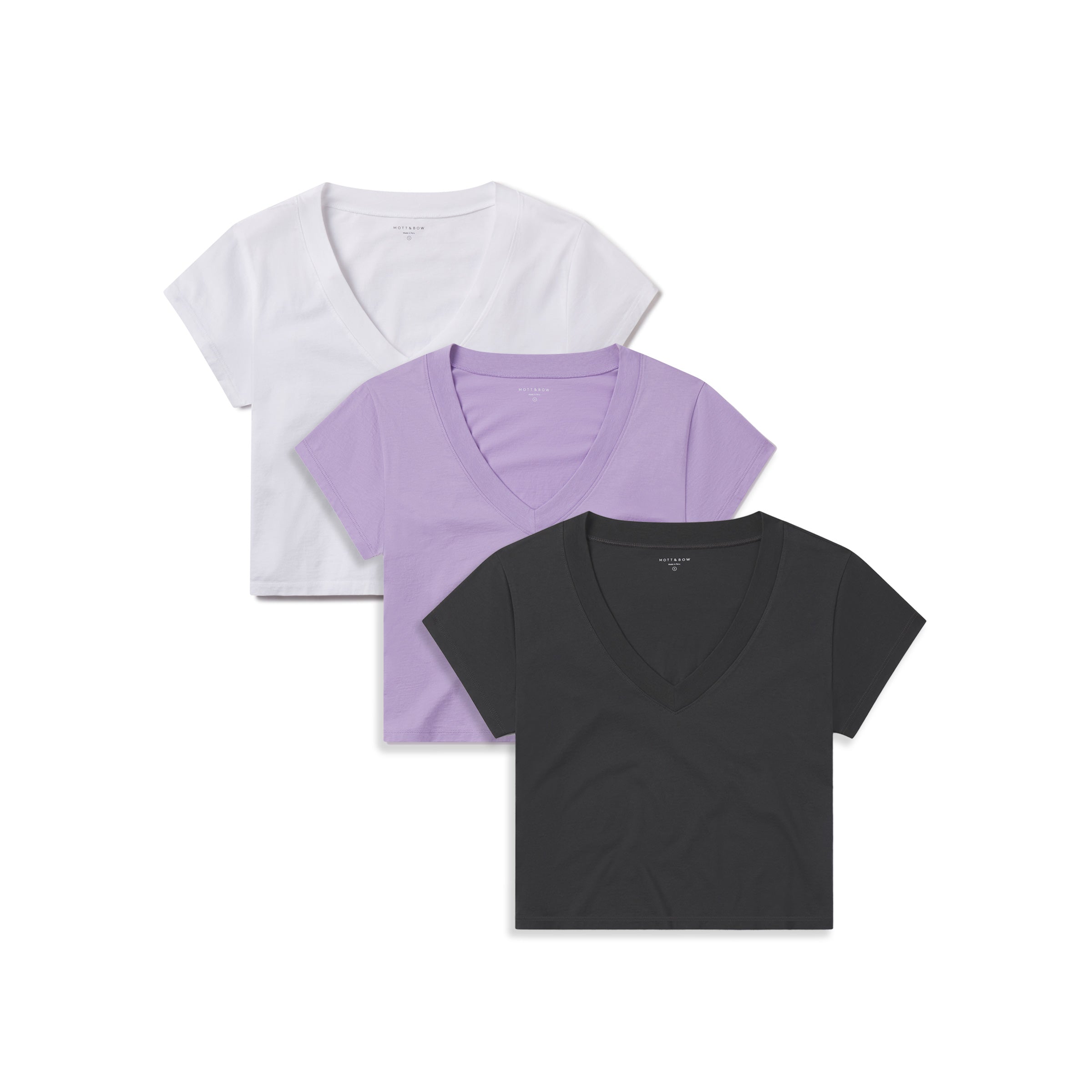 Women wearing Lilac/Vintage Gray/White Cotton Boxy Deep V-Neck Tee 3-Pack tees