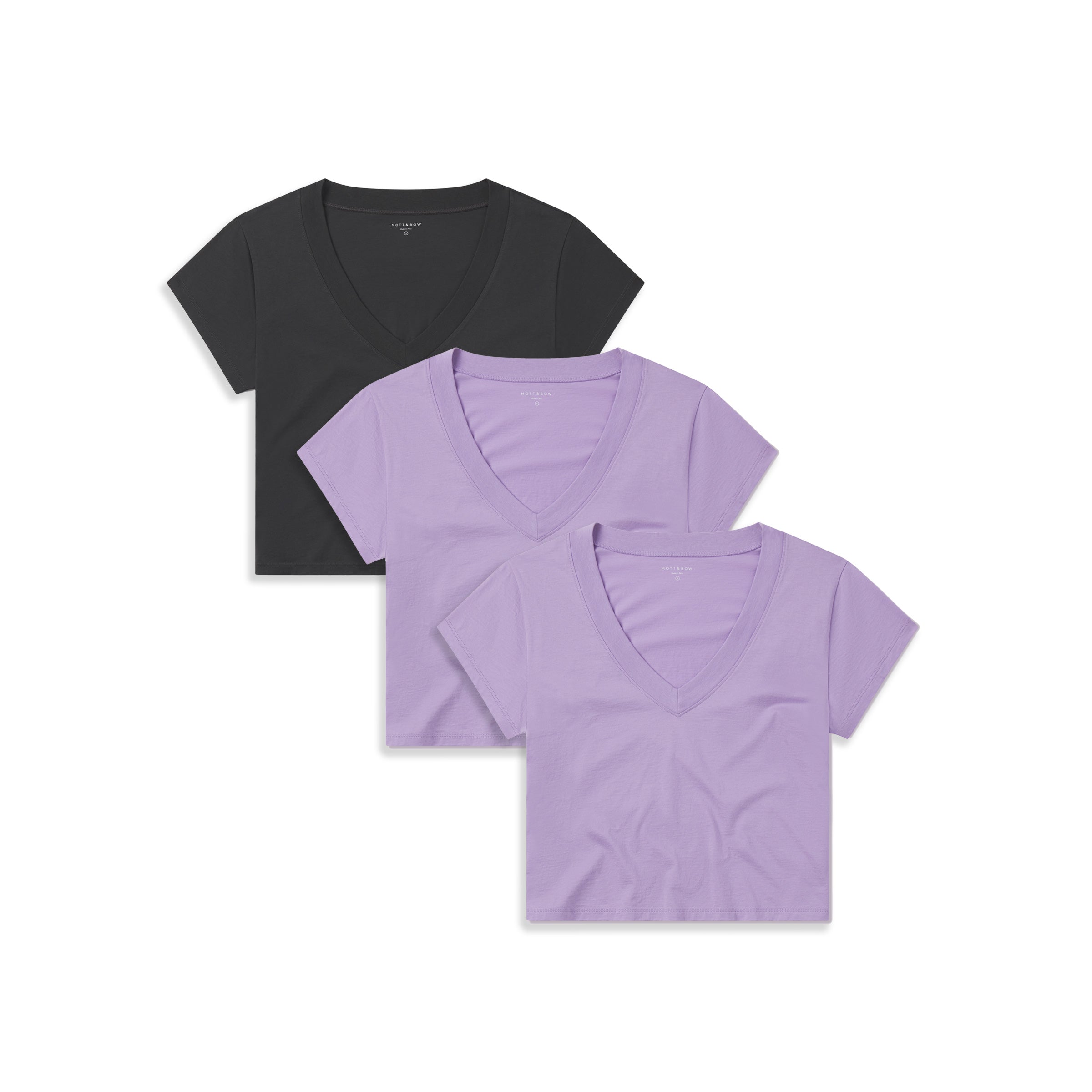 Women wearing 2 Lilac/Vintage Gray Everyday Cotton Deep V-Neck Tee 3-Pack tees