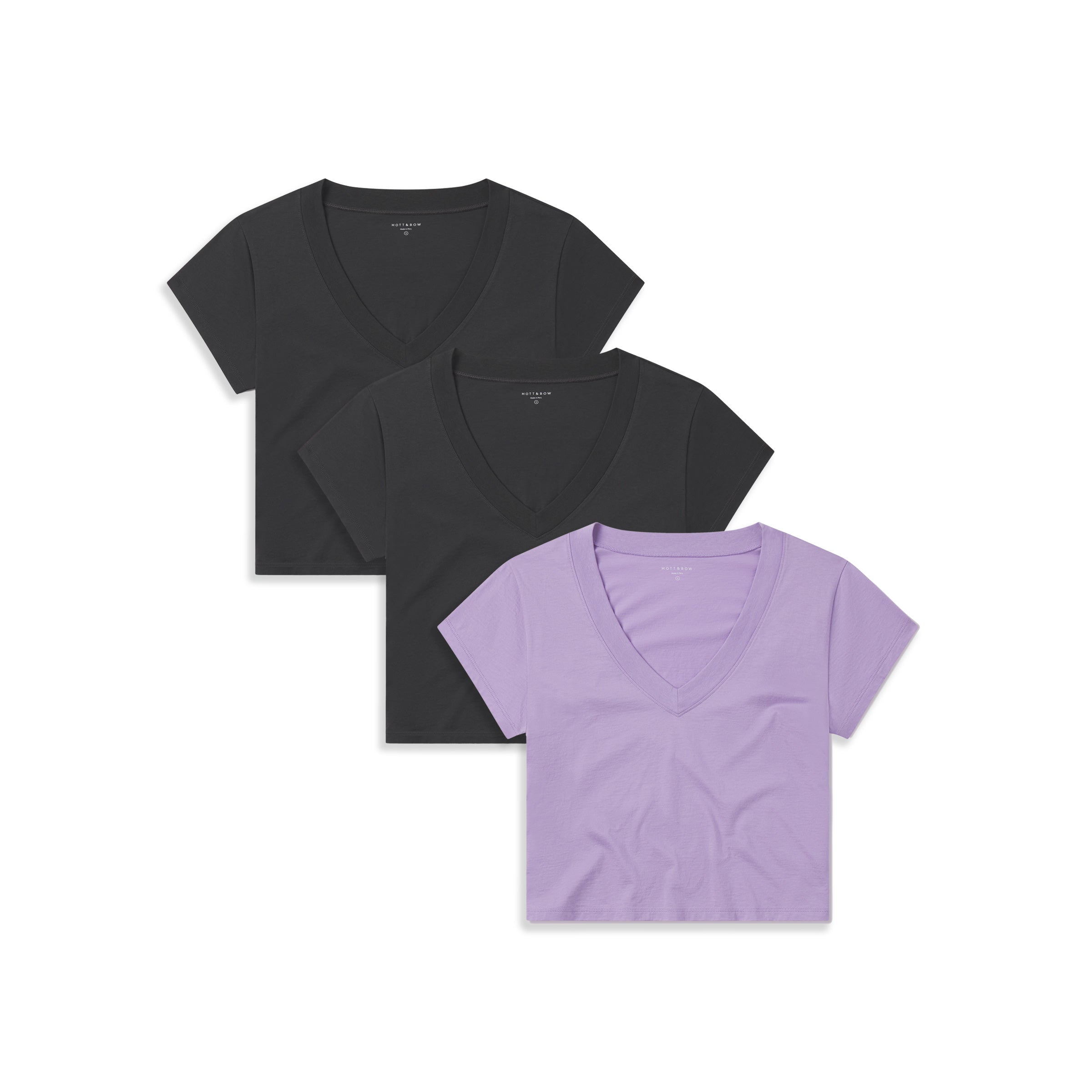 Women wearing 2 Vintage Gray/Lilac Everyday Cotton Deep V-Neck Tee 3-Pack tees