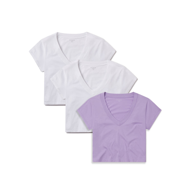 Women wearing White/White/Lilac Cotton Boxy Deep V-Neck Tee 3-Pack