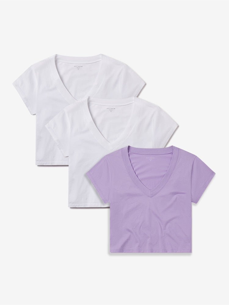 Women wearing White/White/Lilac Cotton Boxy Deep V-Neck Tee 3-Pack