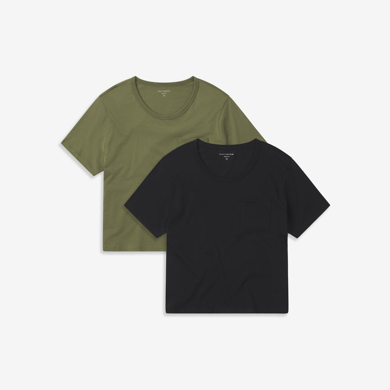 Women wearing Black/Rosemary Everyday Cotton One Pocket Crew Tee 2-Pack tees
