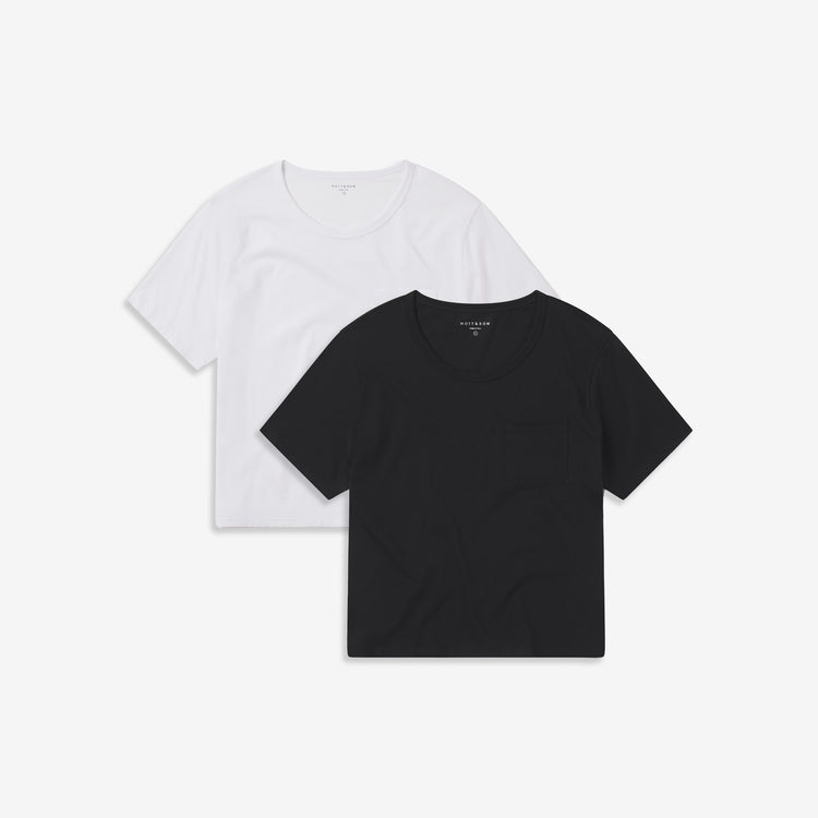 Women wearing White/Black Cotton Boxy Pocket Crew Neck Tee 2-Pack