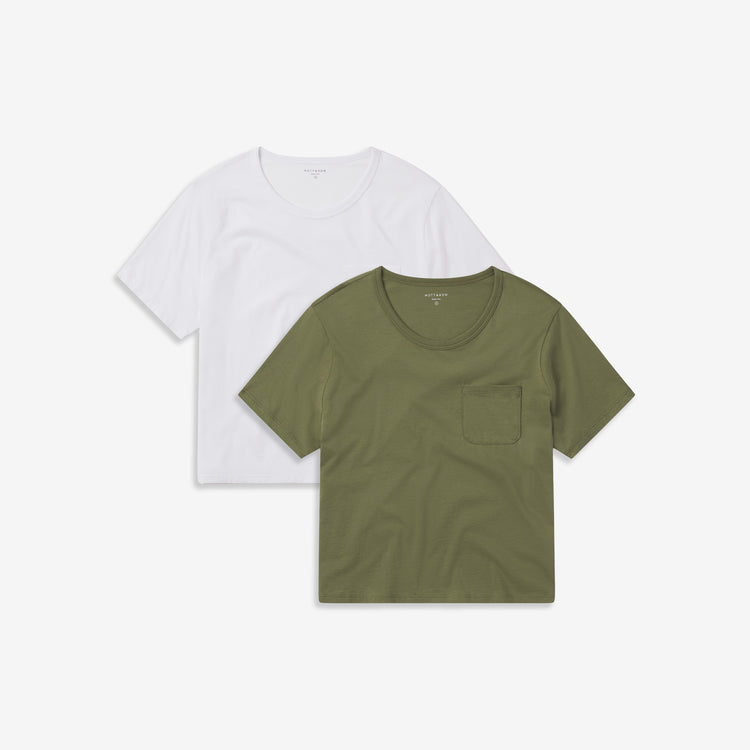 Women wearing White/Rosemary Cotton Boxy Pocket Crew Neck Tee 2-Pack