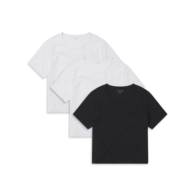 Women wearing 2 White/Black Everyday Cotton One Pocket Crew Tee 3-Pack tees