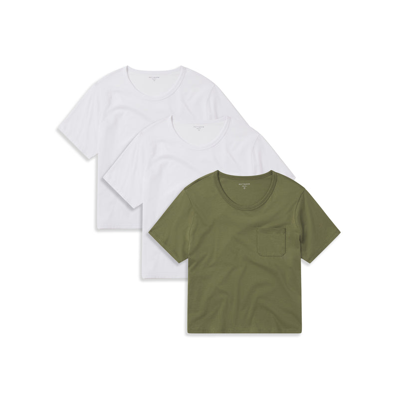 Women wearing 2 White/Rosemary Everyday Cotton One Pocket Crew Tee 3-Pack tees