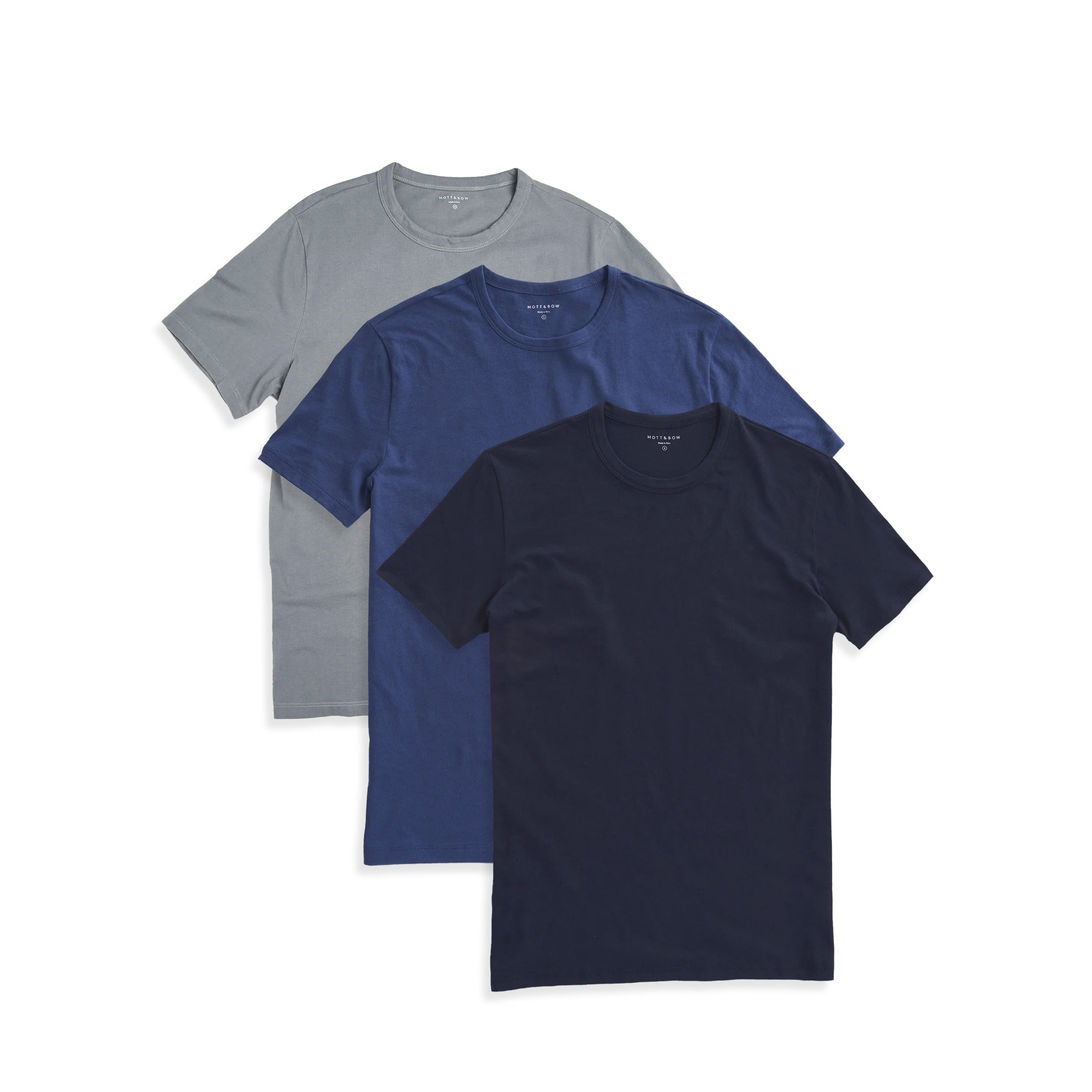 Men wearing Faded Charcoal/Baltic Blue/Navy Classic Crew Driggs 3-Pack tees