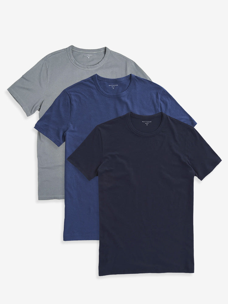 Men wearing Faded Charcoal/Baltic Blue/Navy Classic Crew Driggs 3-Pack tees