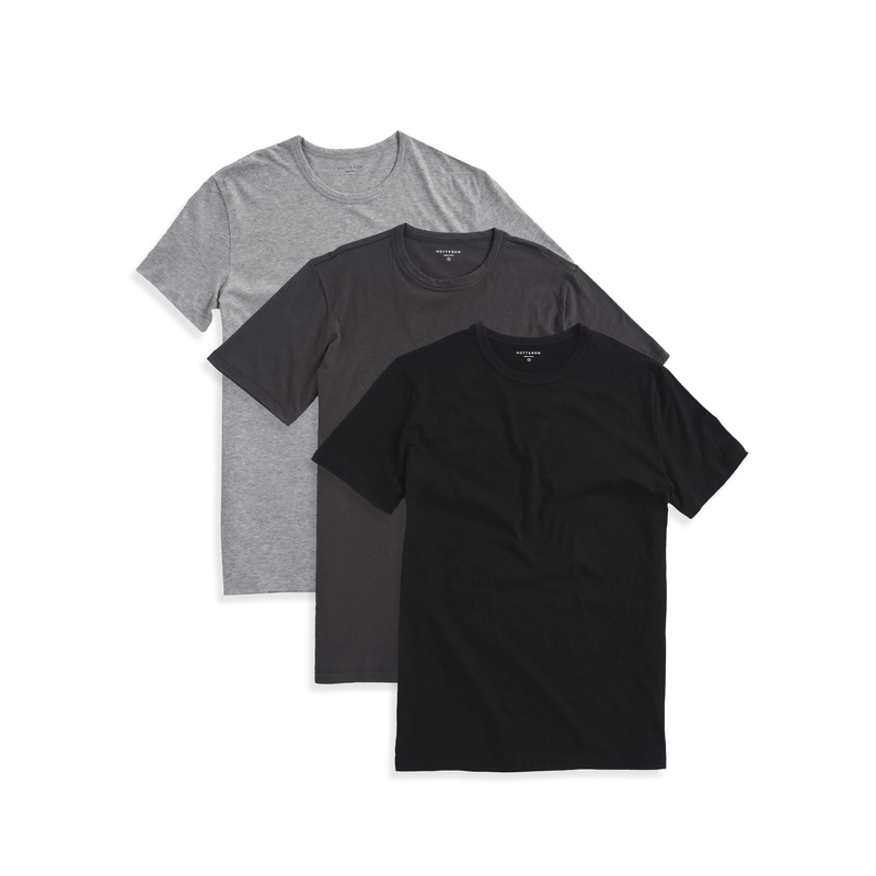  wearing Heather Gray/Dark Gray/Black Classic Crew Driggs 3-Pack tees