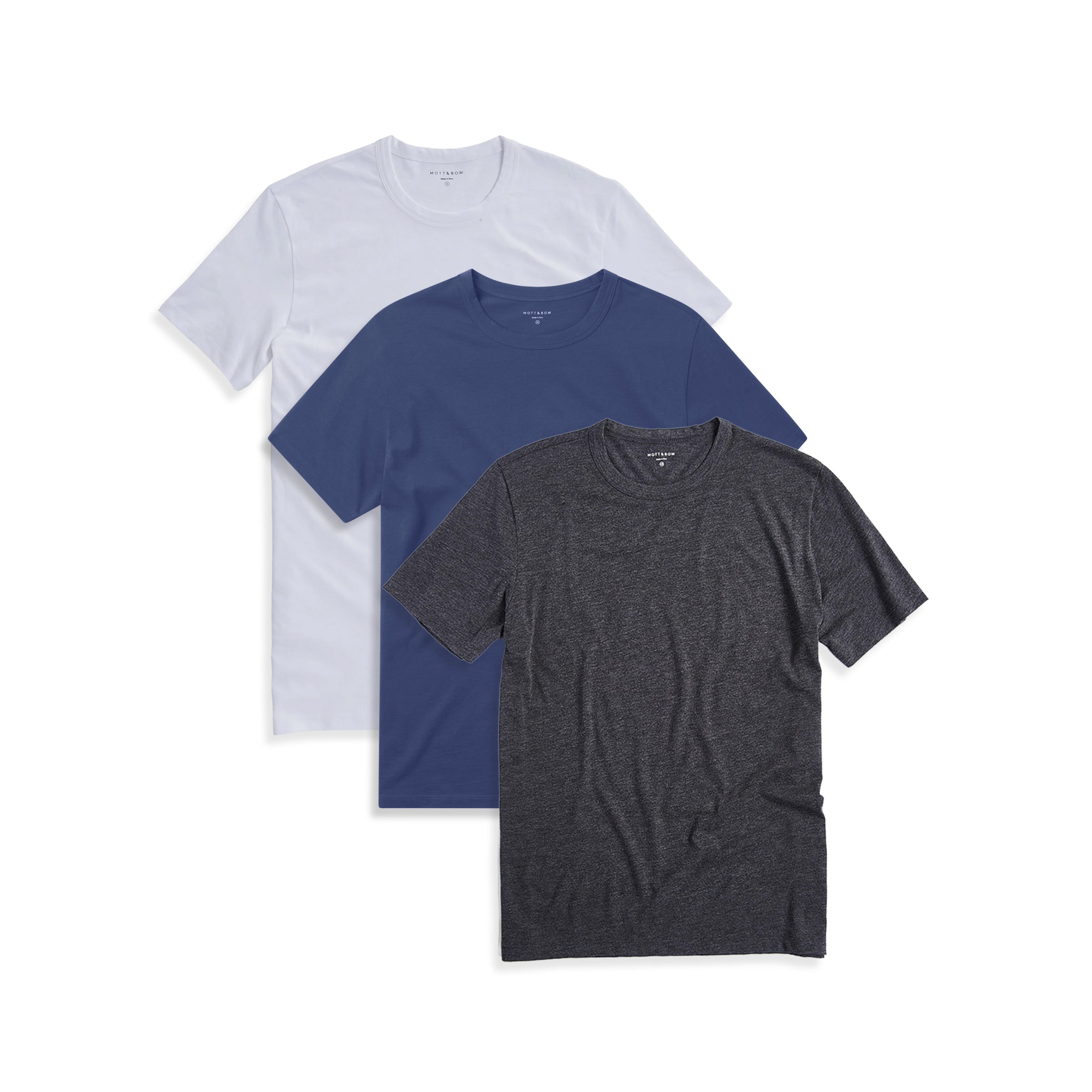  wearing White/Blue Slate/Charcoal Heather Classic Crew Driggs 3-Pack tees