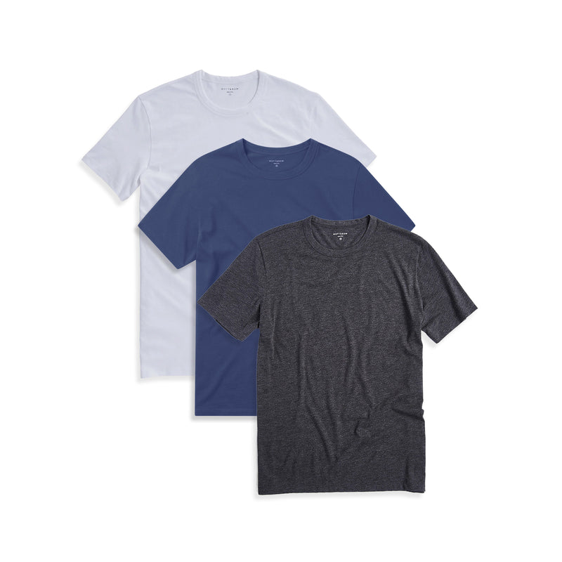  wearing White/Blue Slate/Charcoal Heather Classic Crew Driggs 3-Pack tees