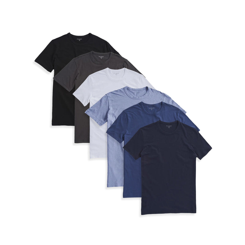 Men wearing Black/Dark Gray/White/California Blue/Baltic Blue/Navy Classic Crew Driggs 6-Pack tees