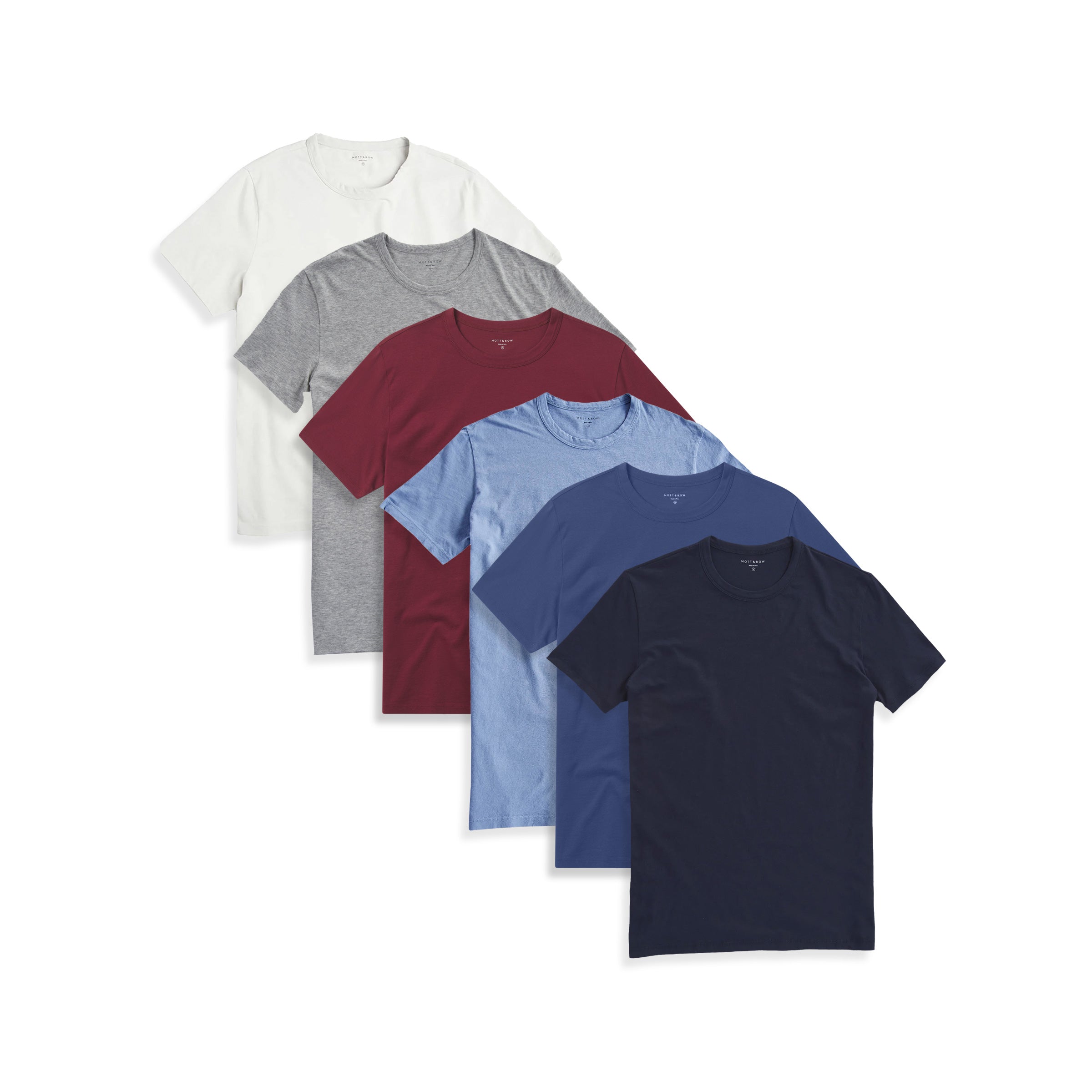  wearing Bone/Heather/California Blue/Brick Red/Graphite Blue/Navy Classic Crew Driggs 6-Pack tees