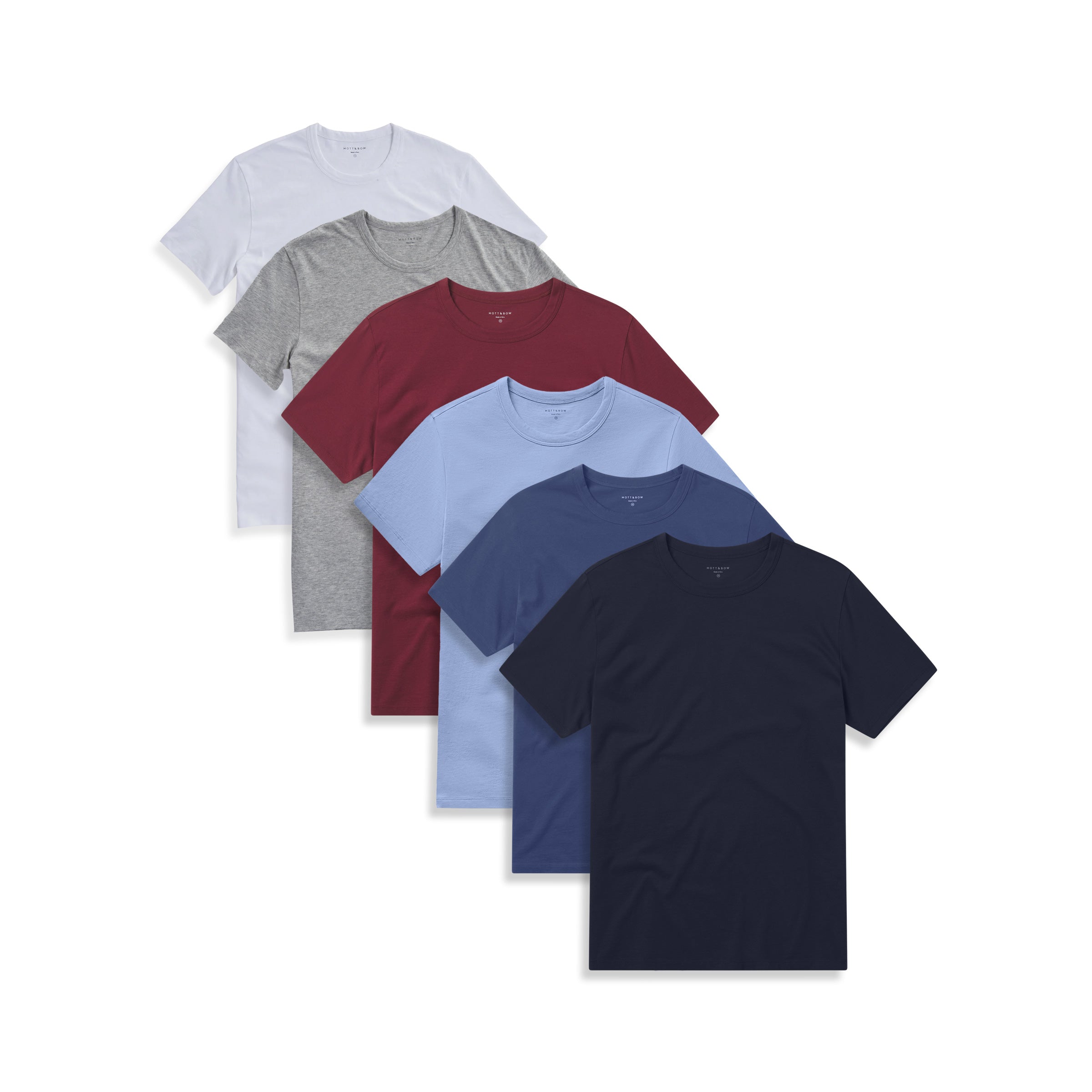  wearing White/Heather Gray/California Blue/Brick Red/Graphite Blue/Navy Classic Crew Driggs 6-Pack tees