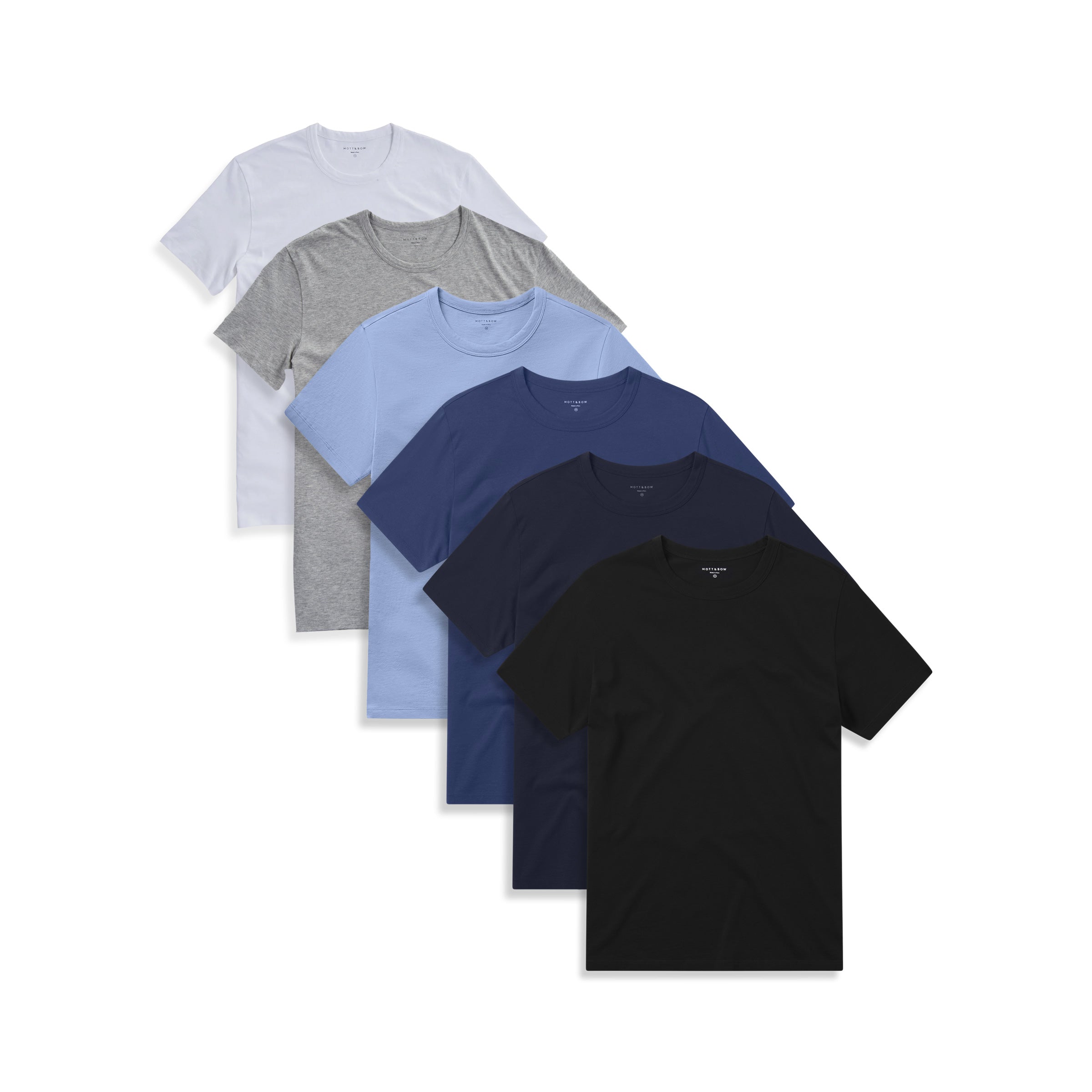 Men wearing Black/Heather Gray/White/California Blue/Baltic Blue/Navy Classic Crew Driggs 6-Pack tees