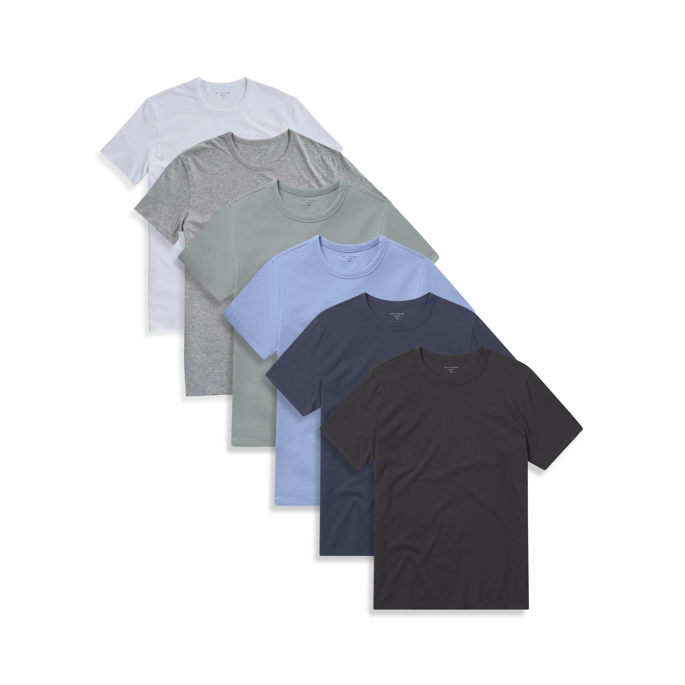  wearing White/Heather Gray/California Blue/Gray Green/Dark Gray/Blue Slate Classic Crew Driggs 6-Pack tees