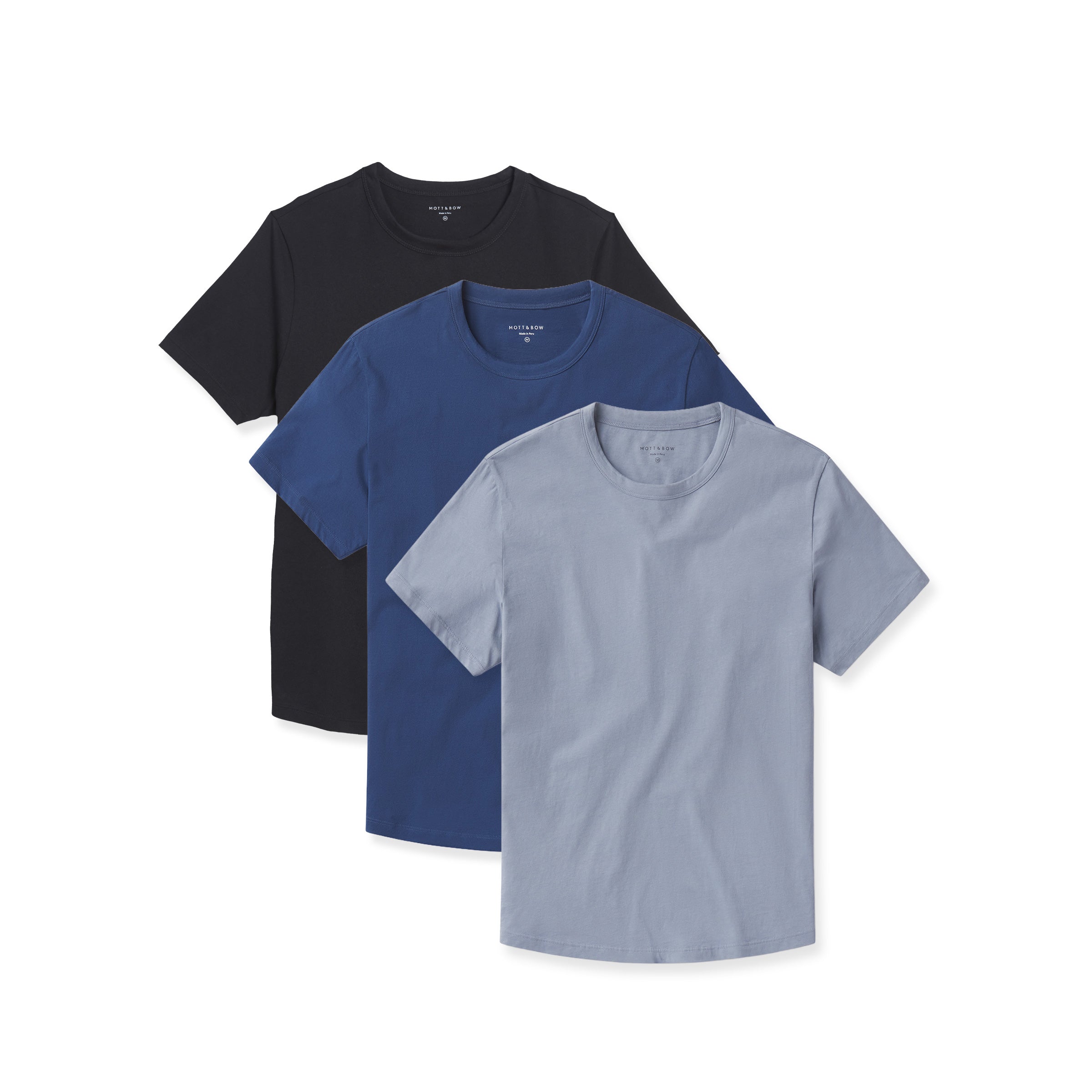 Men wearing Black/California Blue/Baltic Blue Curved Hem Driggs 3-Pack tees