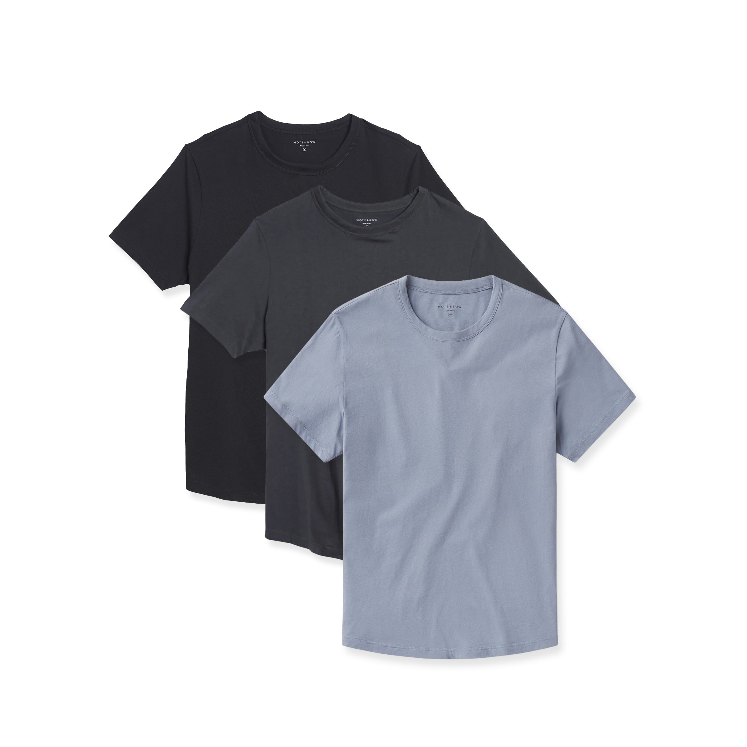 Men wearing Black/Dark Gray/California Blue Curved Hem Driggs 3-Pack tees