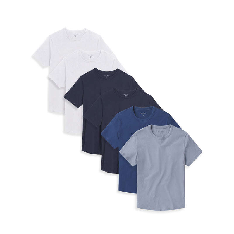 Men wearing White/White/Baltic Blue/California Blue/Navy/Navy Curved Hem Driggs 6-Pack tees