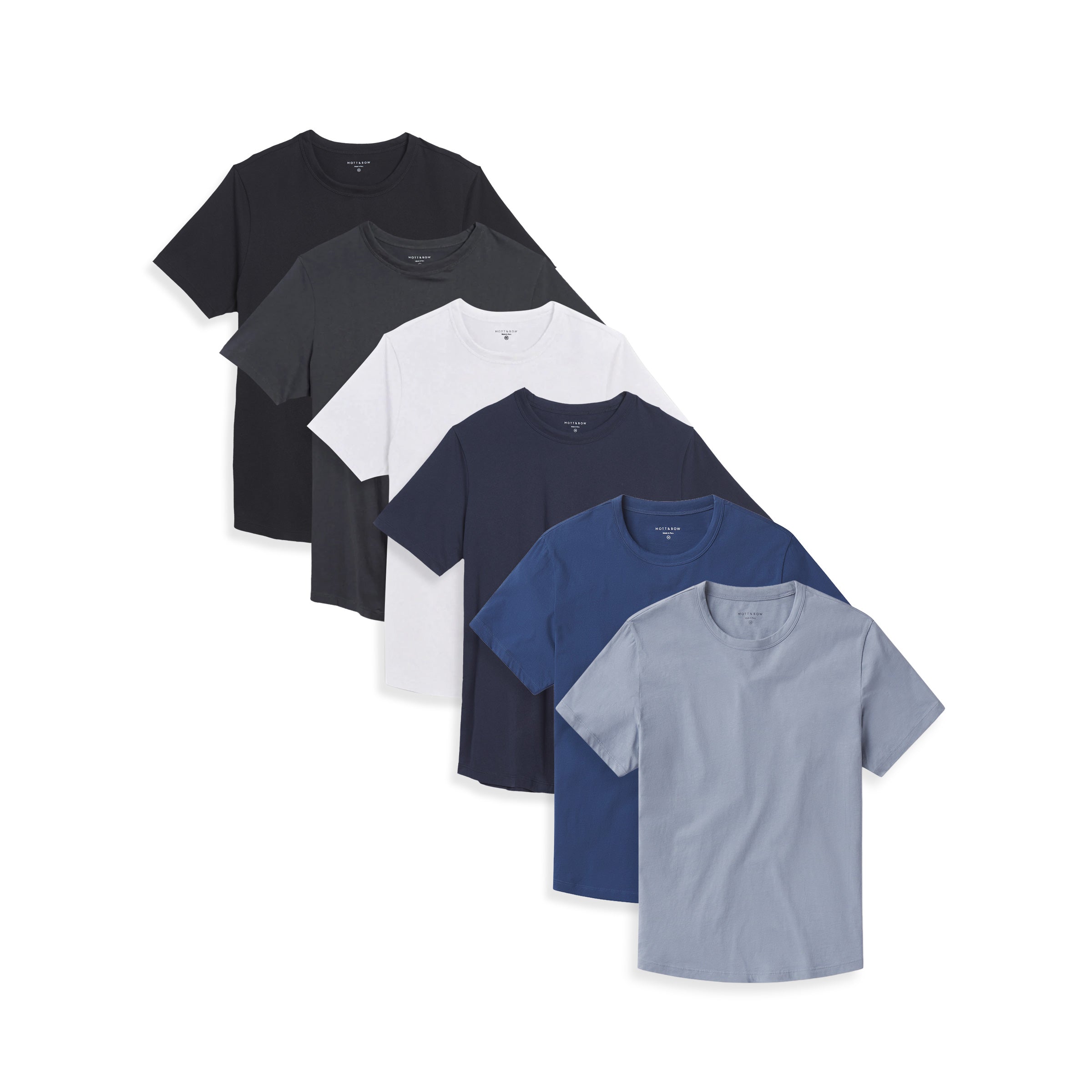 Men wearing Black/Dark Gray/Navy/Baltic Blue/California Blue/White Curved Hem Driggs 6-Pack tees