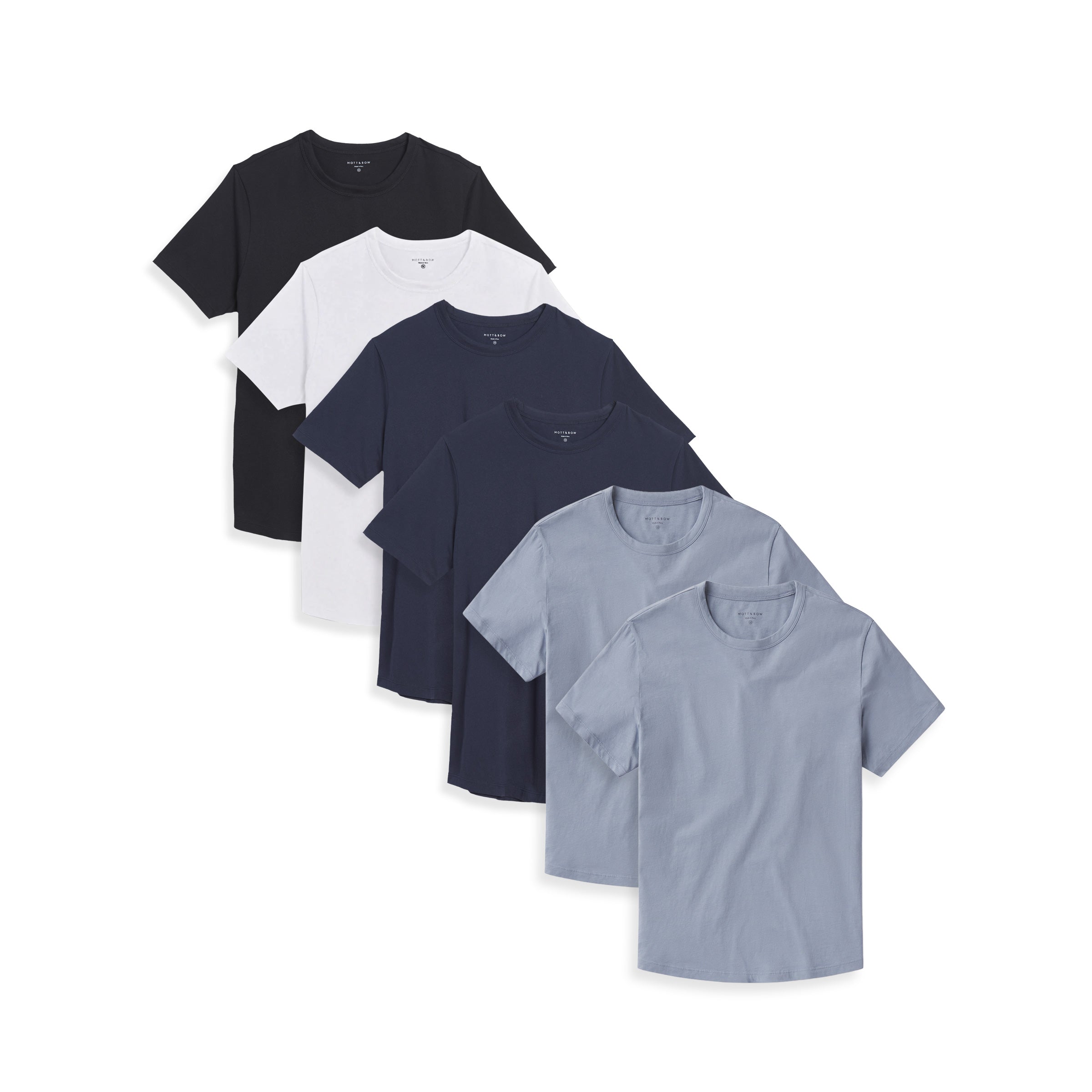 Men wearing Black/White/Navy/Navy/California Blue/California Blue Curved Hem Driggs 6-Pack tees