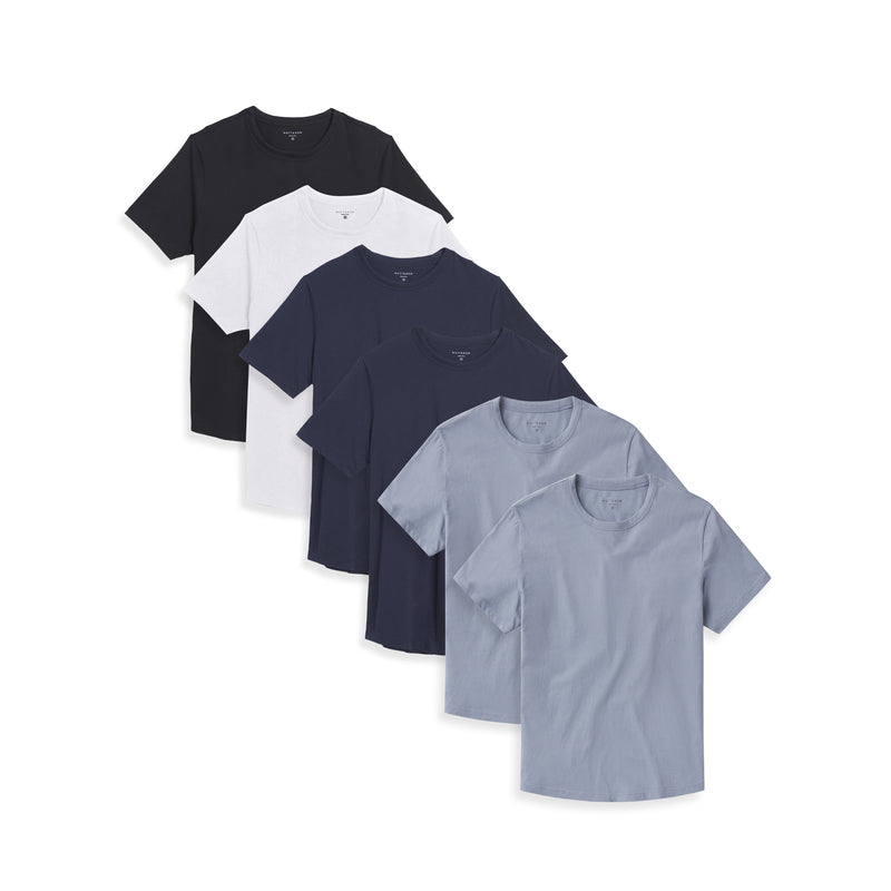 Men wearing Black/White/Navy/Navy/California Blue/California Blue Curved Hem Driggs 6-Pack tees