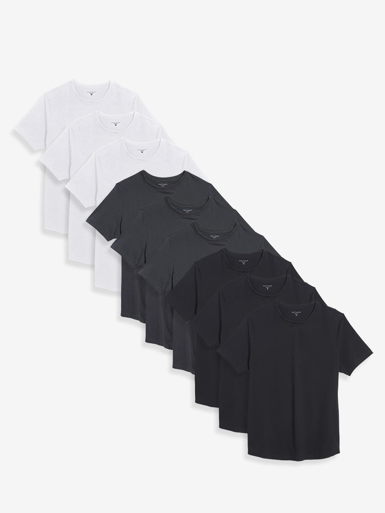 Men wearing 3 Black/3 Dark Gray/3 White Curved Hem Driggs 9-Pack tees