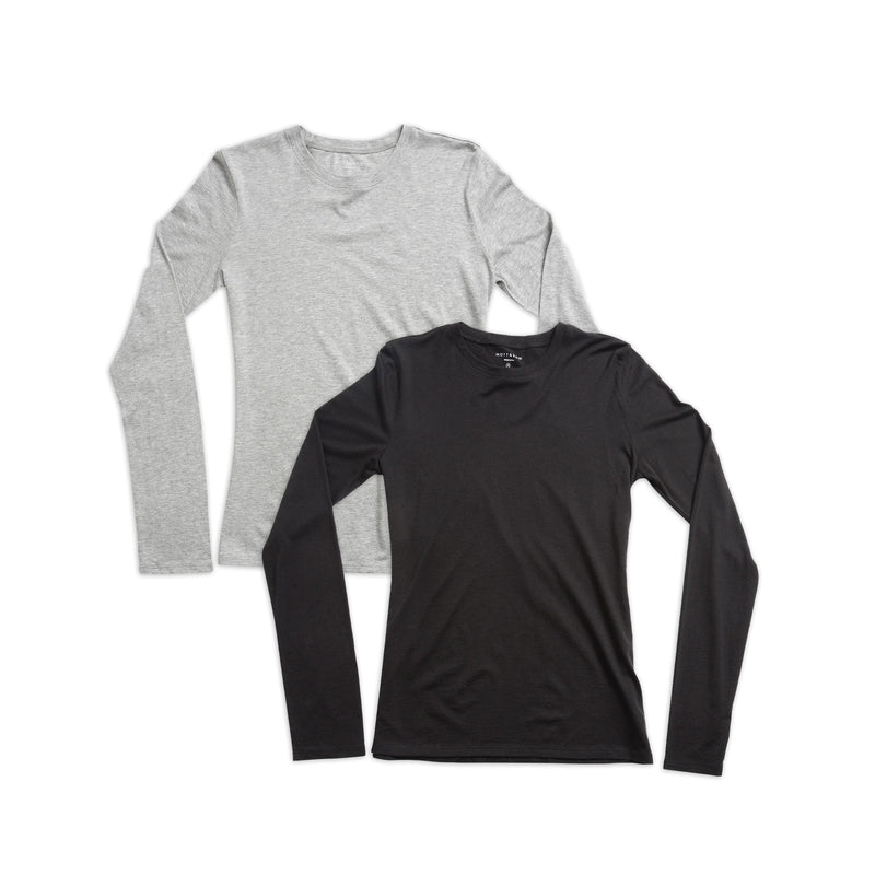 Women wearing Heather Gray/Black Long Sleeve Crew Tee Marcy 2-Pack tees