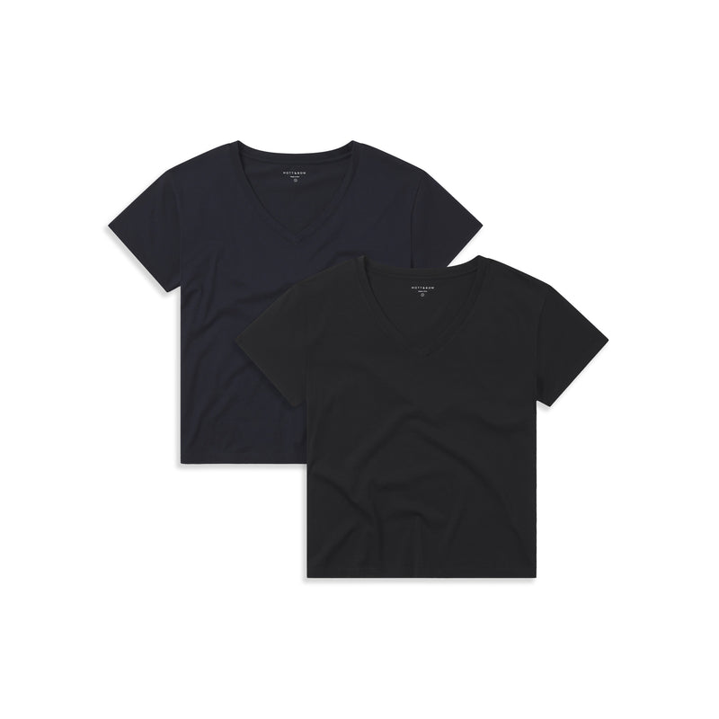 Women wearing Black/Navy Cotton Relaxed V-Neck Tee 2-Pack tees