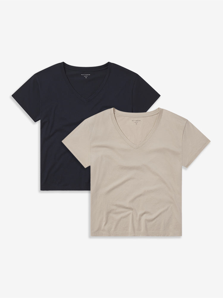Women wearing Oat/Navy Cotton Relaxed V-Neck Tee 2-Pack