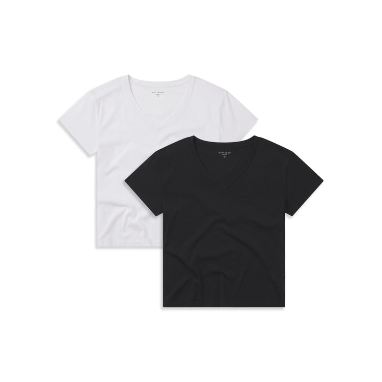 Women wearing White/Black Cotton Relaxed V-Neck Tee 2-Pack