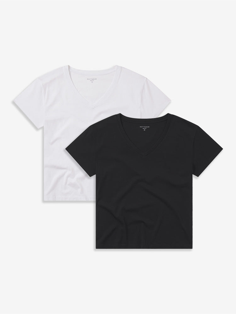 Women wearing White/Black Cotton Relaxed V-Neck Tee 2-Pack