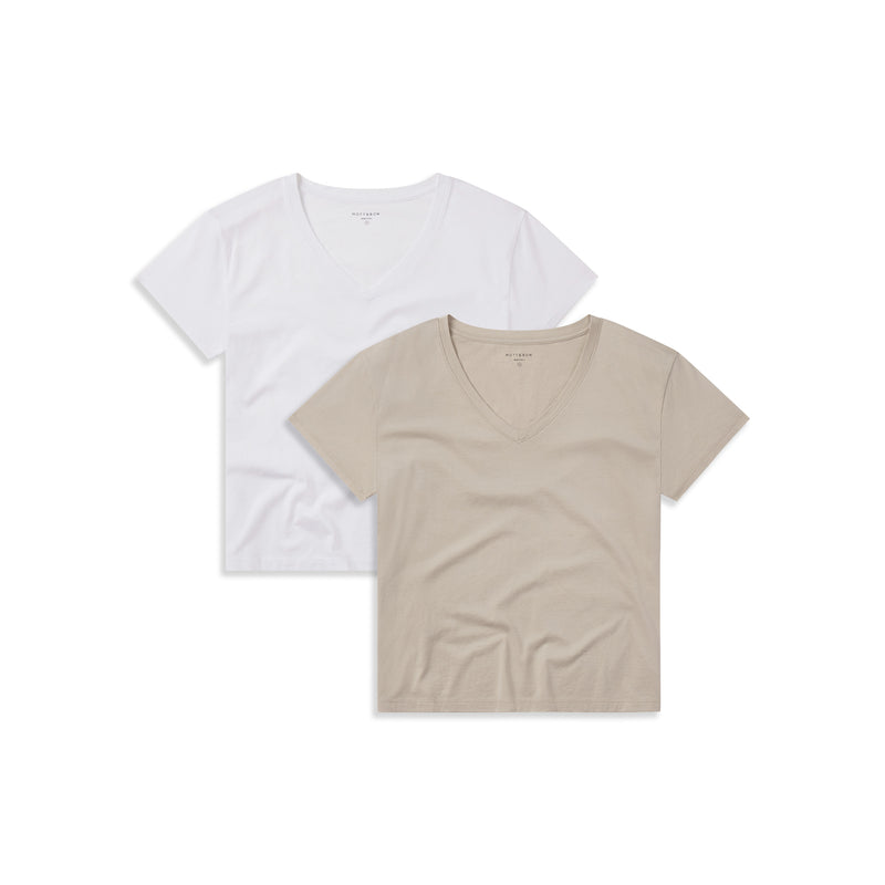 Women wearing White/Oat Cotton Relaxed V-Neck Tee 2-Pack tees