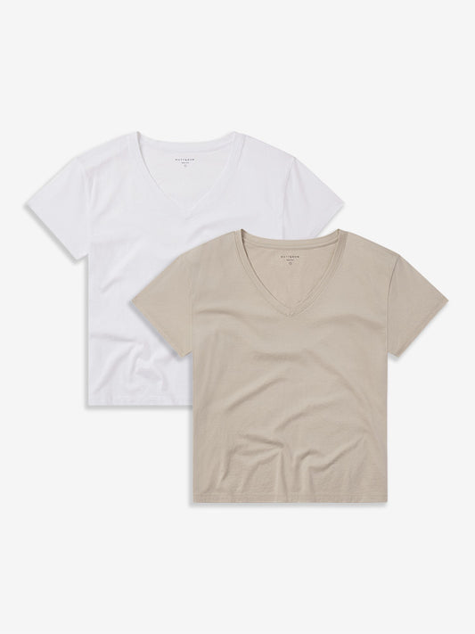 Cotton Relaxed V-Neck Tee 2-Pack White/Oat bdl2_women_cotton_relaxed_vneck tees